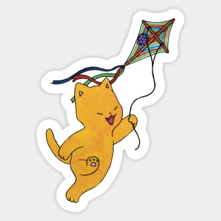 yellow cat and kite watercolor cottagecore illustration Sticker